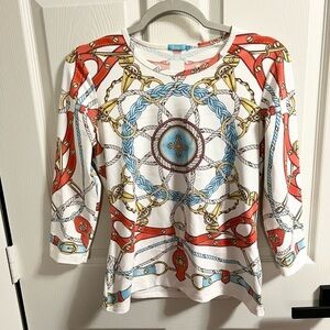 J. McLaughlin Rope Chain Print Catalina Cloth Top S White red green 3/4 Sleeve
